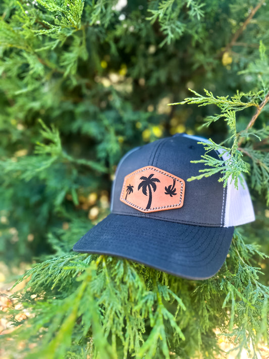 Palm Tree Leather Patch SnapBack | Adjustable Unisex Hat Charcoal Charcoal_Palm_Tree_Leather_Patch_SnapBack_Hat