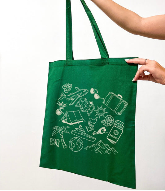 Travel Doodles Canvas Tote Bag | Aesthetic Reusable Shopper Pine Green FullSizeRender_93bb102d-5ec6-4a76-bcb1-5c04cba545a7