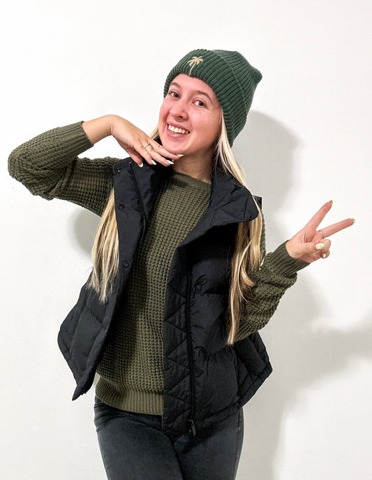 Palm Tree Embroidered Beanie | Cozy Knit Hat Alphine Green Alphine_Green_Woven_Acrylic_Palm_Tree_Beanie