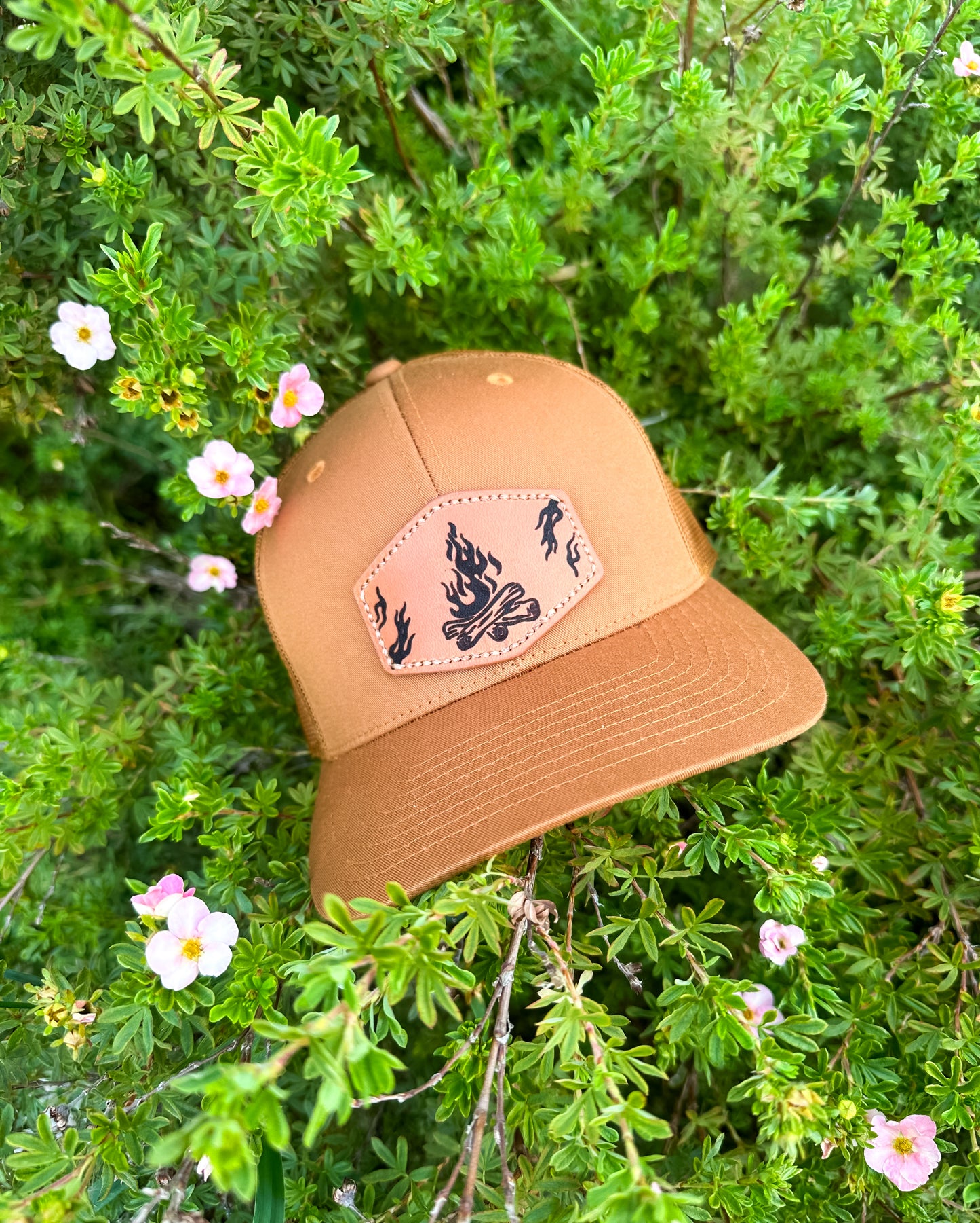 Campfire Leather Patch SnapBack | Adjustable Unisex Hat Caramel Caramel_Campfire_Leather_Patch_SnapBack_Hat
