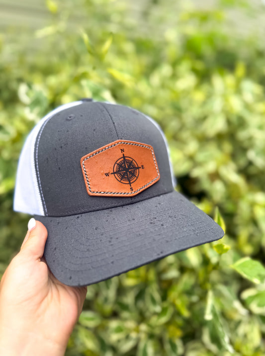 Compass Leather Patch SnapBack | Adjustable Unisex Hat Hats Charcoal Charcoal_Leather_Patch_Compass_SnapBack_Hat