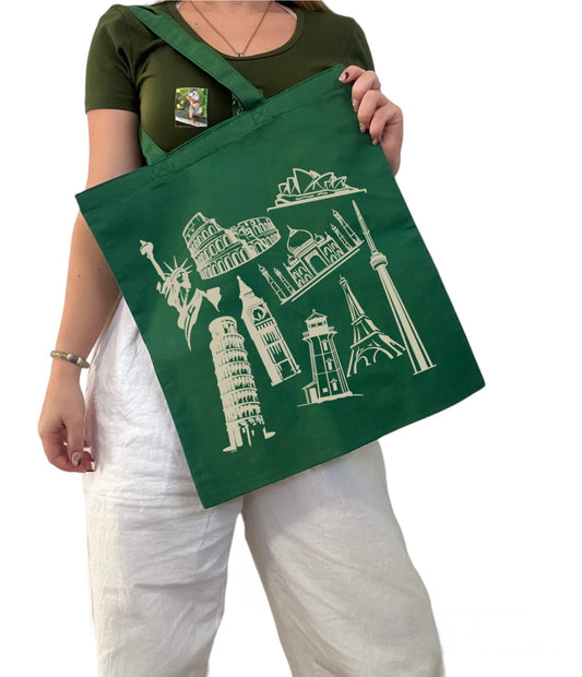 Landmark Doodles Canvas Tote Bag | Aesthetic Reusable Shopper Pine Green FullSizeRender_a91177ad-4398-4dd2-a840-a3a689eaf57c