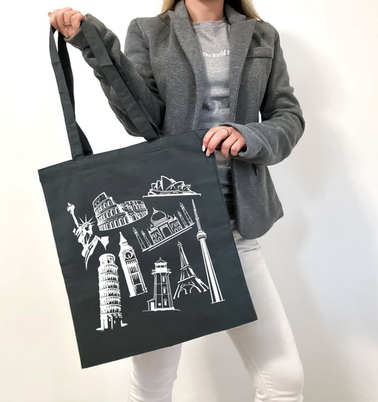 Landmark Doodles Canvas Tote Bag | Aesthetic Reusable Shopper Charcoal IMG-2415