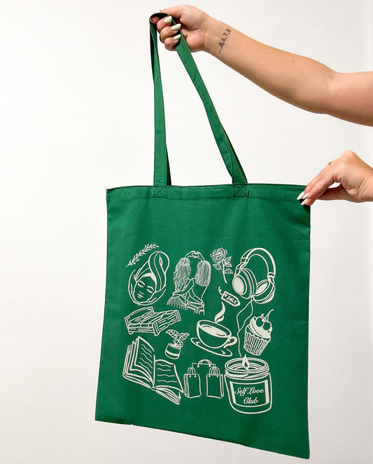 Self Love Doodles Canvas Tote Bag | Aesthetic Reusable Shopper Pine Green IMG-5128