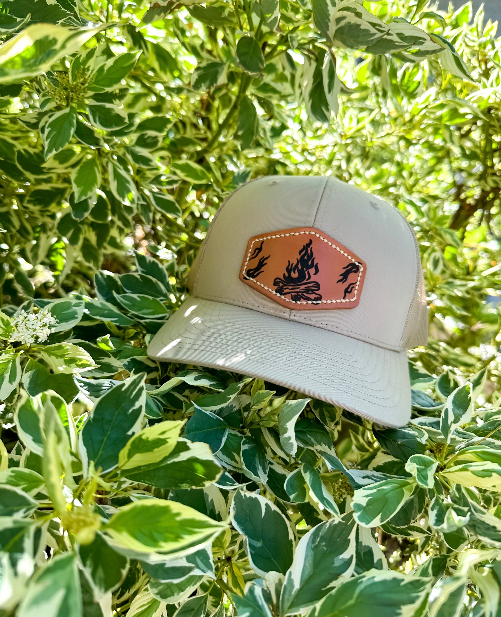 Campfire Leather Patch SnapBack | Adjustable Unisex Hat Khaki Khaki_Campfire_Leather_Patch_SnapBack_Har