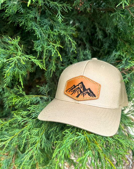 Mountain Leather Patch SnapBack | Adjustable Unisex Hat Hats Khaki Khaki_Mountain_Leather_Patch_SnapBack_Hat