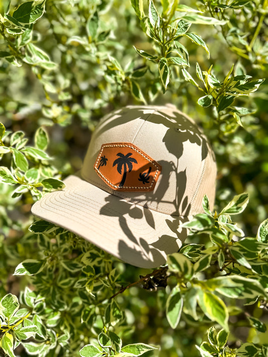 Palm Tree Leather Patch SnapBack | Adjustable Unisex Hat Khaki Khaki_Palm_Tree_Leather_Patch_SnapBack_Hat
