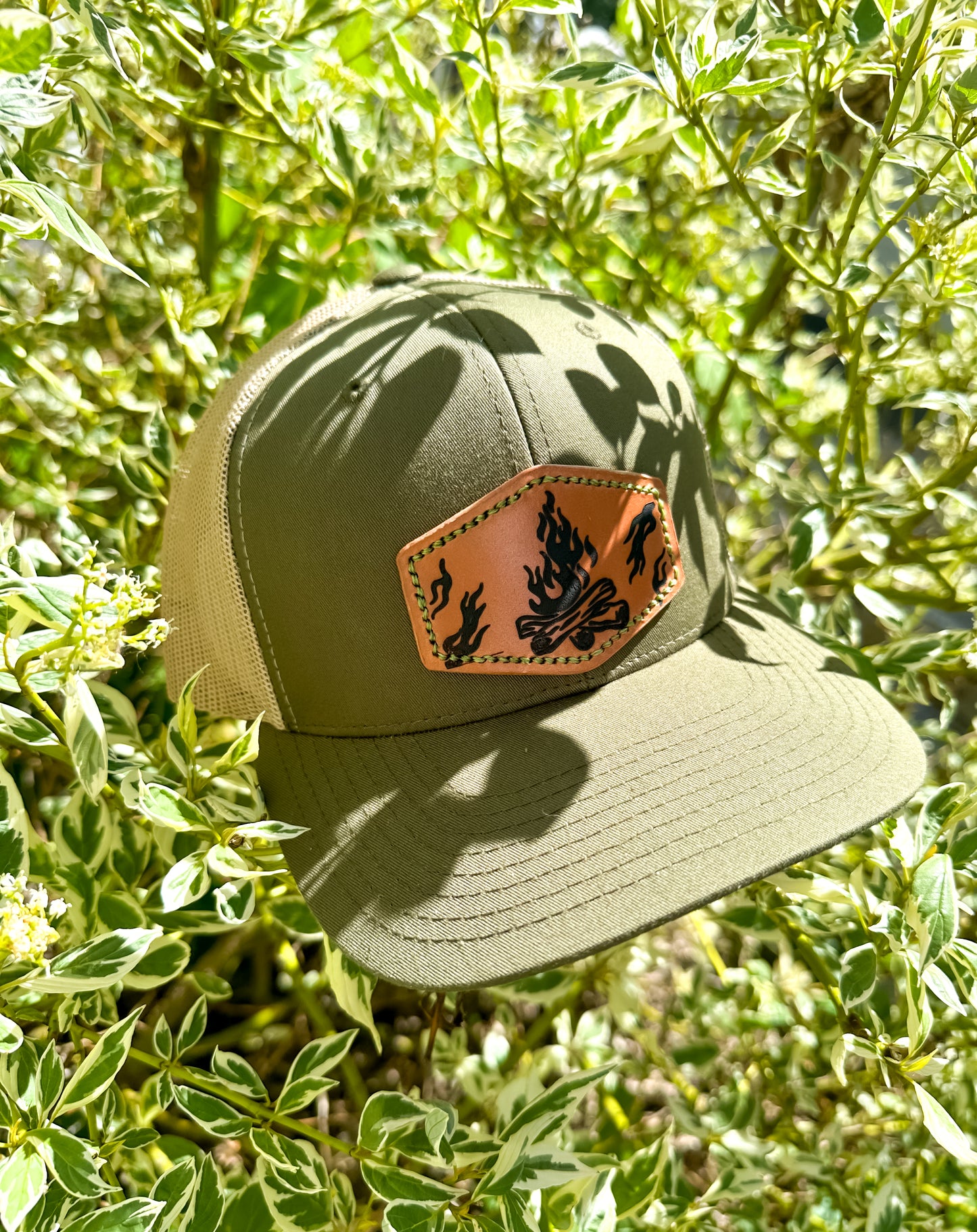 Campfire Leather Patch SnapBack | Adjustable Unisex Hat Moss Moss_Campfire_Leather_Patch_SnapBack_Hat