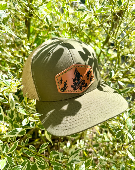 Campfire Leather Patch SnapBack | Adjustable Unisex Hat Moss Moss_Campfire_Leather_Patch_SnapBack_Hat