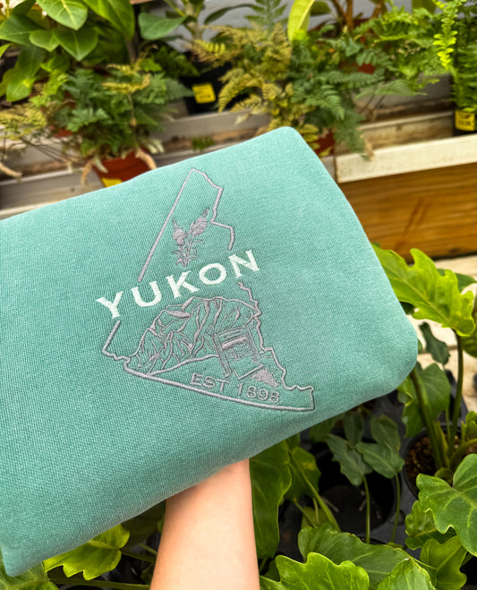 Yukon Embroidered Crewneck | Canadian Territory Sweater Crewnecks Seafoam_Hand_Drawn_Yukon_Inspired_Sweatshirt
